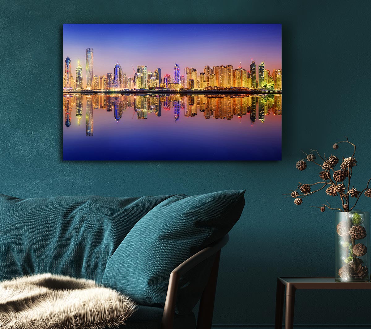 Reflections Of The Colourful City By Night Canvas Wall Art