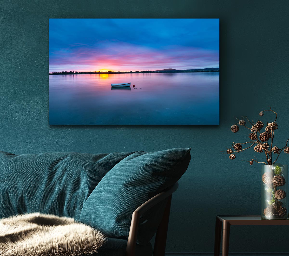 Small row boat on calm lake Canvas Wall Art