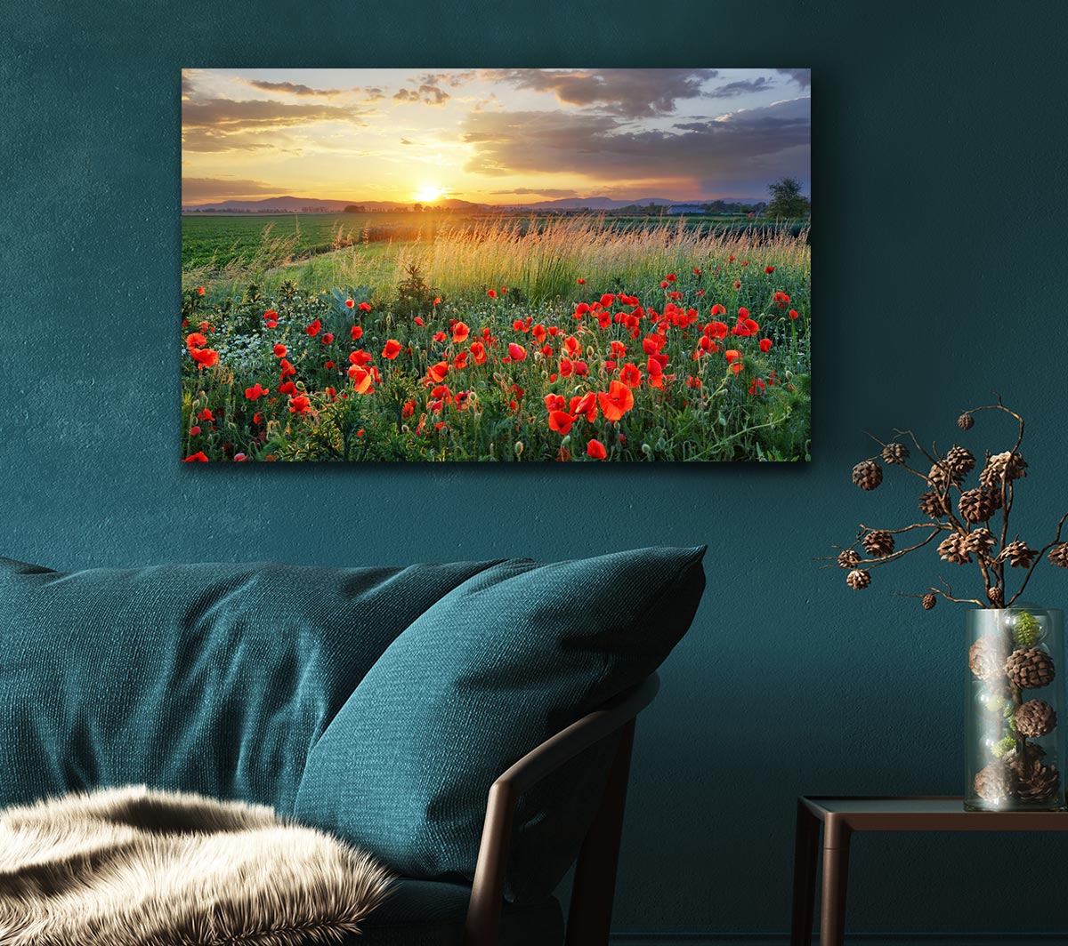 Red poppies in the green countryside Canvas Wall Art