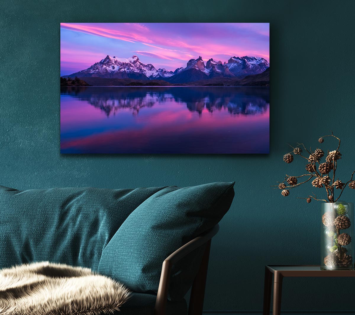 Purple and blue mountains above lake Canvas Wall Art