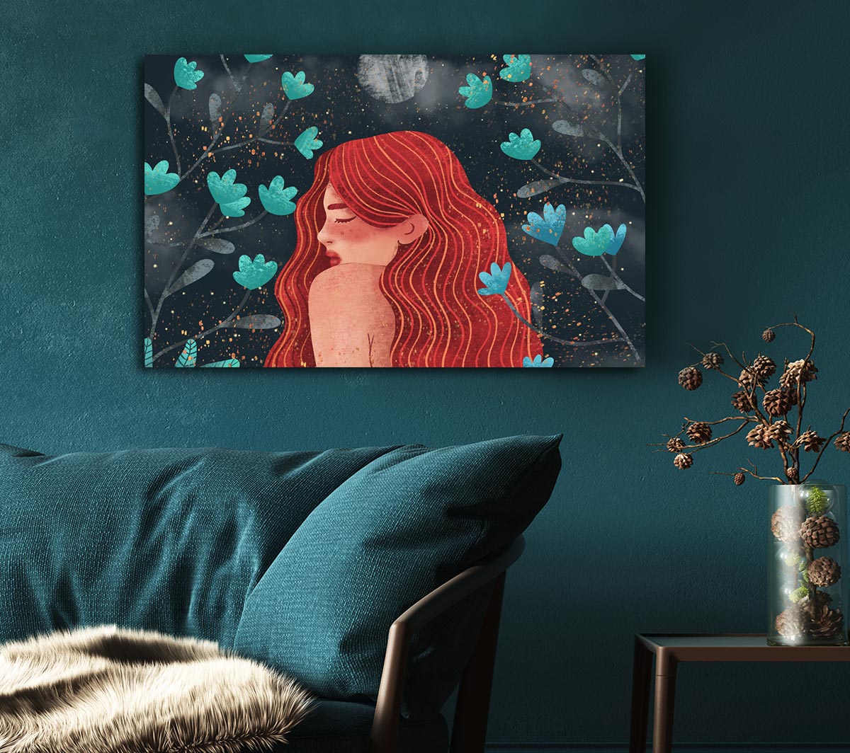 Red Haired Girl Flowers Canvas Wall Art