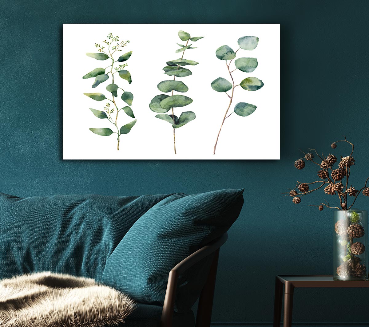 Three Green Foliage Stems Canvas Wall Art