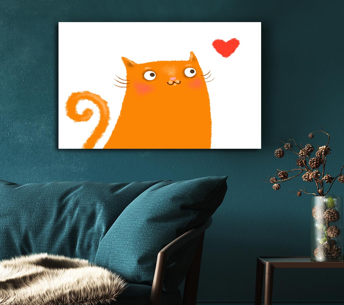 The Love Heart Orange Cat Canvas Wall Art