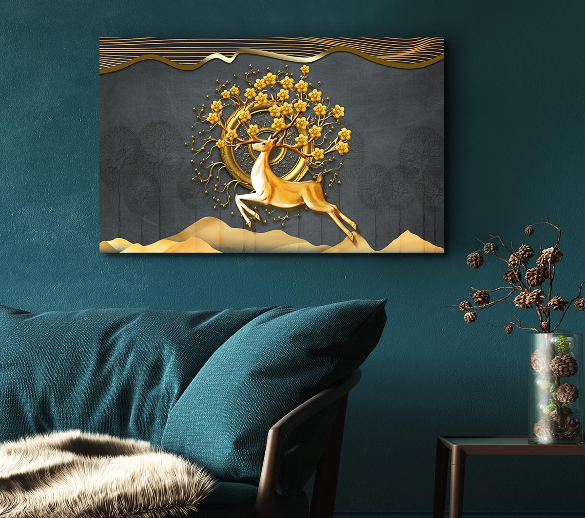 The Gold Flower Stag Tree Canvas Wall Art