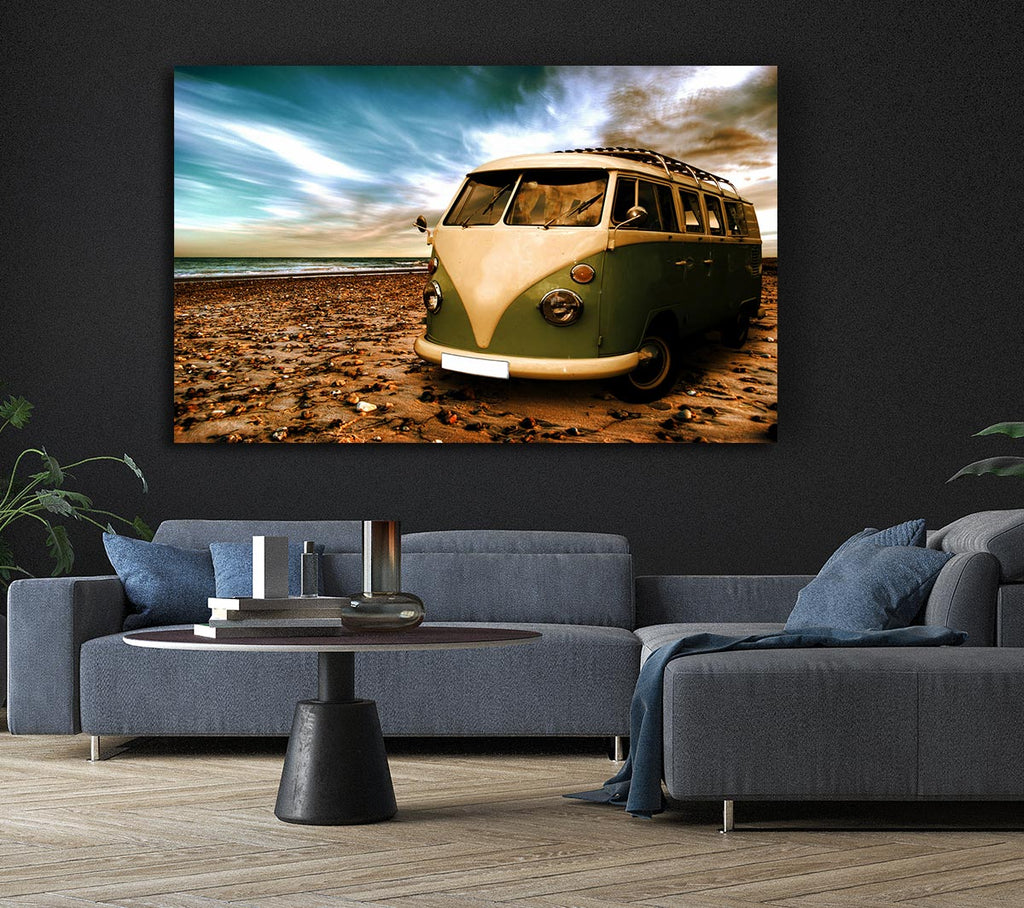 VW Camper Van Green Canvas Wall Art