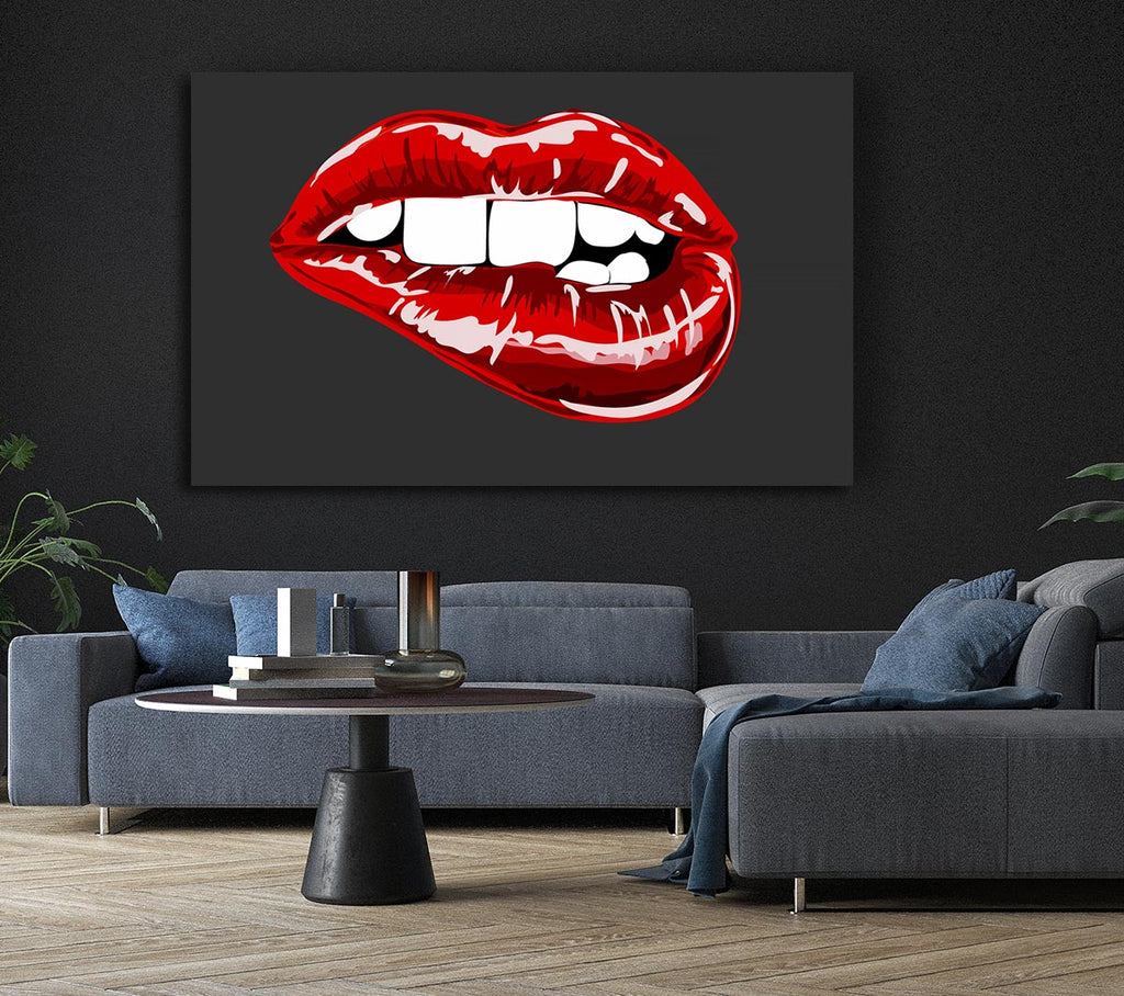 Red Lip Bite On Grey Canvas Wall Art