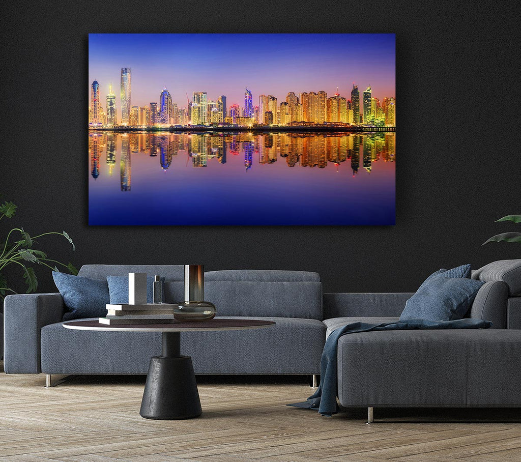 Reflections Of The Colourful City By Night Canvas Wall Art