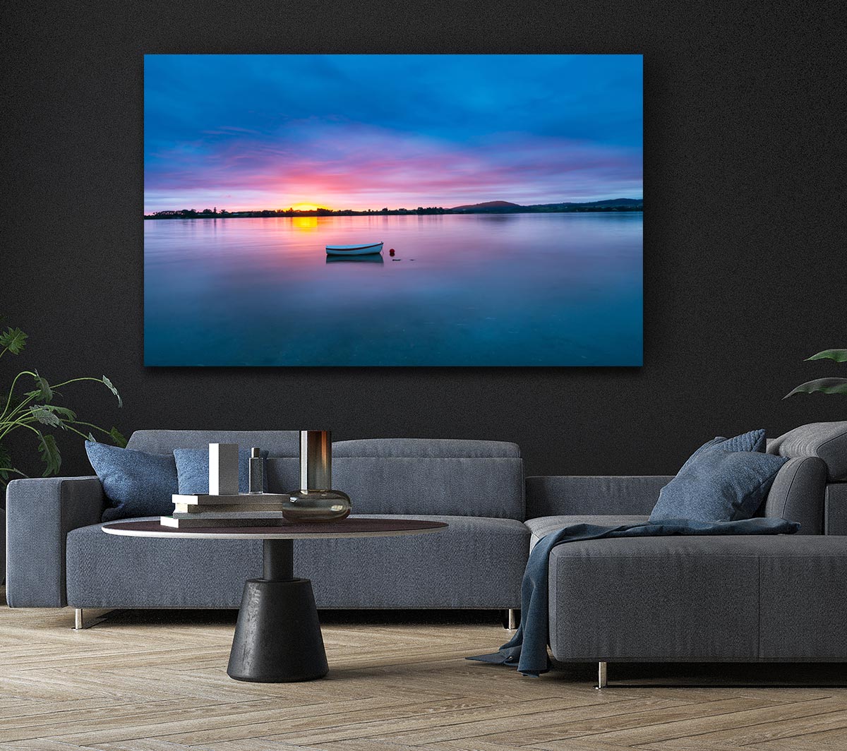 Small row boat on calm lake Canvas Wall Art