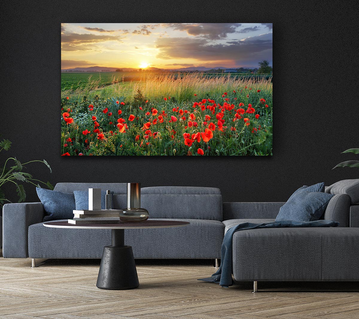 Red poppies in the green countryside Canvas Wall Art