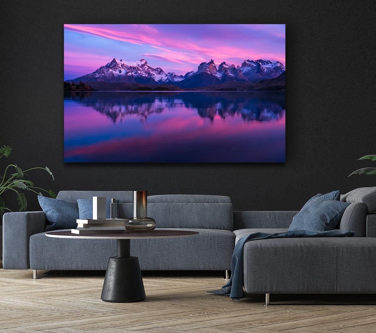 Purple and blue mountains above lake Canvas Wall Art