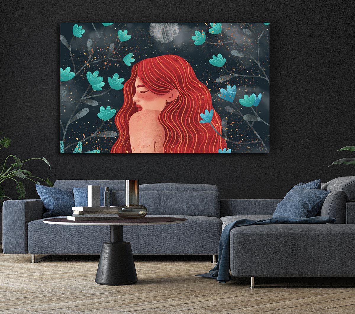 Red Haired Girl Flowers Canvas Wall Art