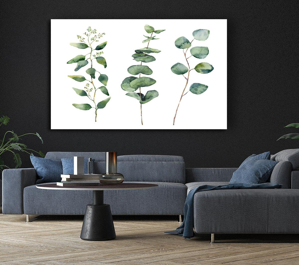 Three Green Foliage Stems Canvas Wall Art