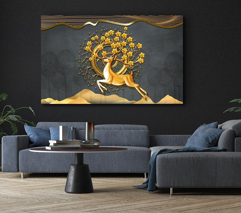 The Gold Flower Stag Tree Canvas Wall Art