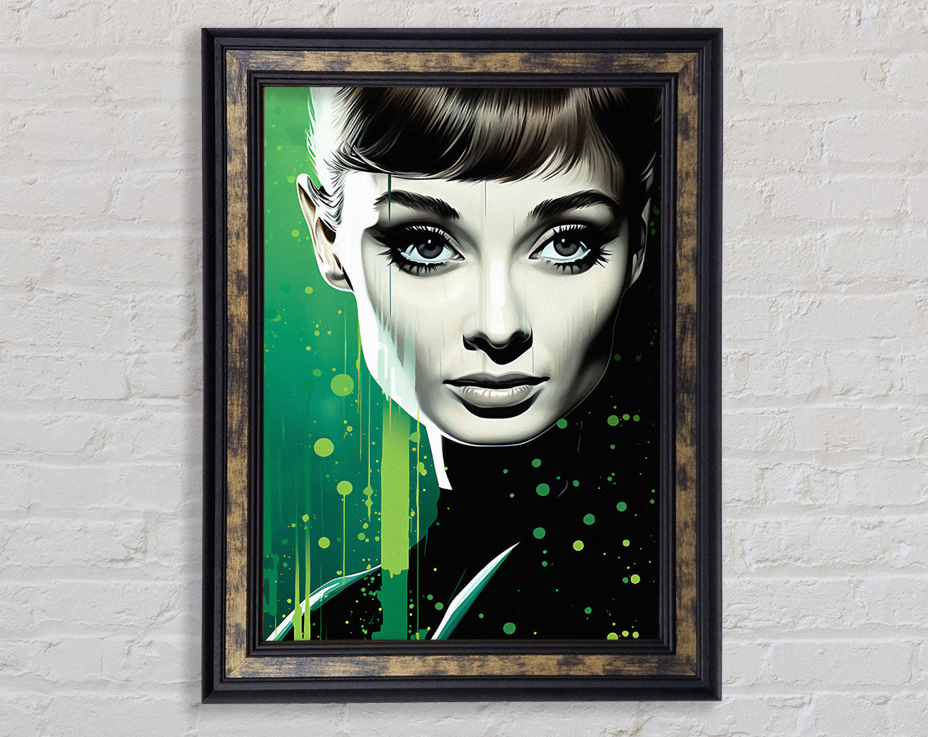 Audrey Hepburn Green Paint Splodge Framed Print