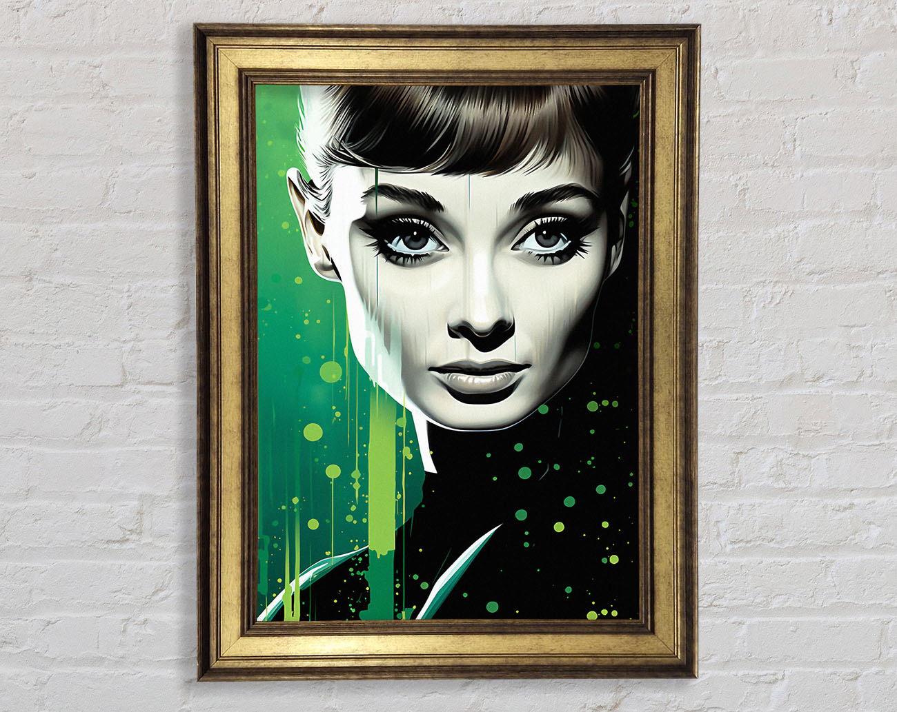 Audrey Hepburn Green Paint Splodge Framed Print