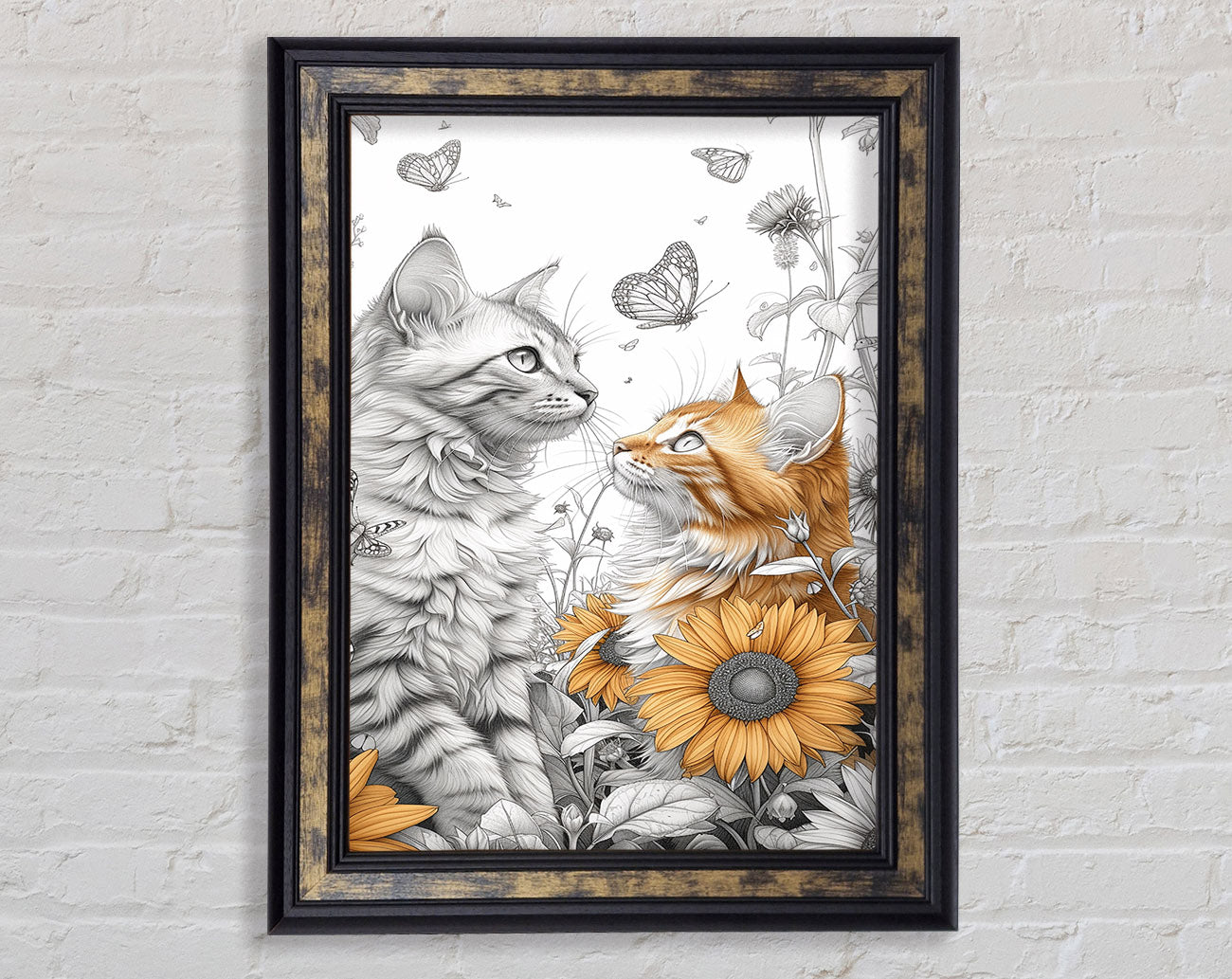 Cats Sunflowers Butterflies Framed Print