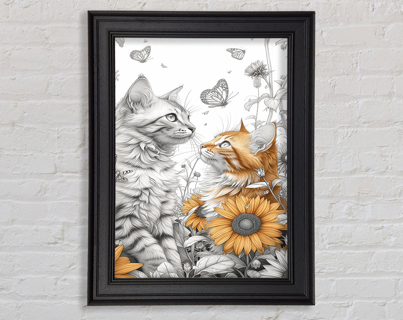 Cats Sunflowers Butterflies Framed Print