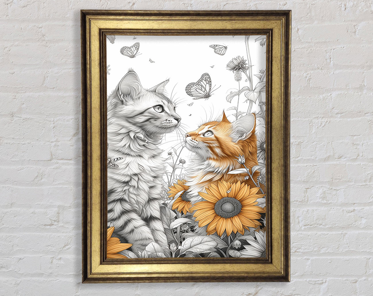 Cats Sunflowers Butterflies Framed Print