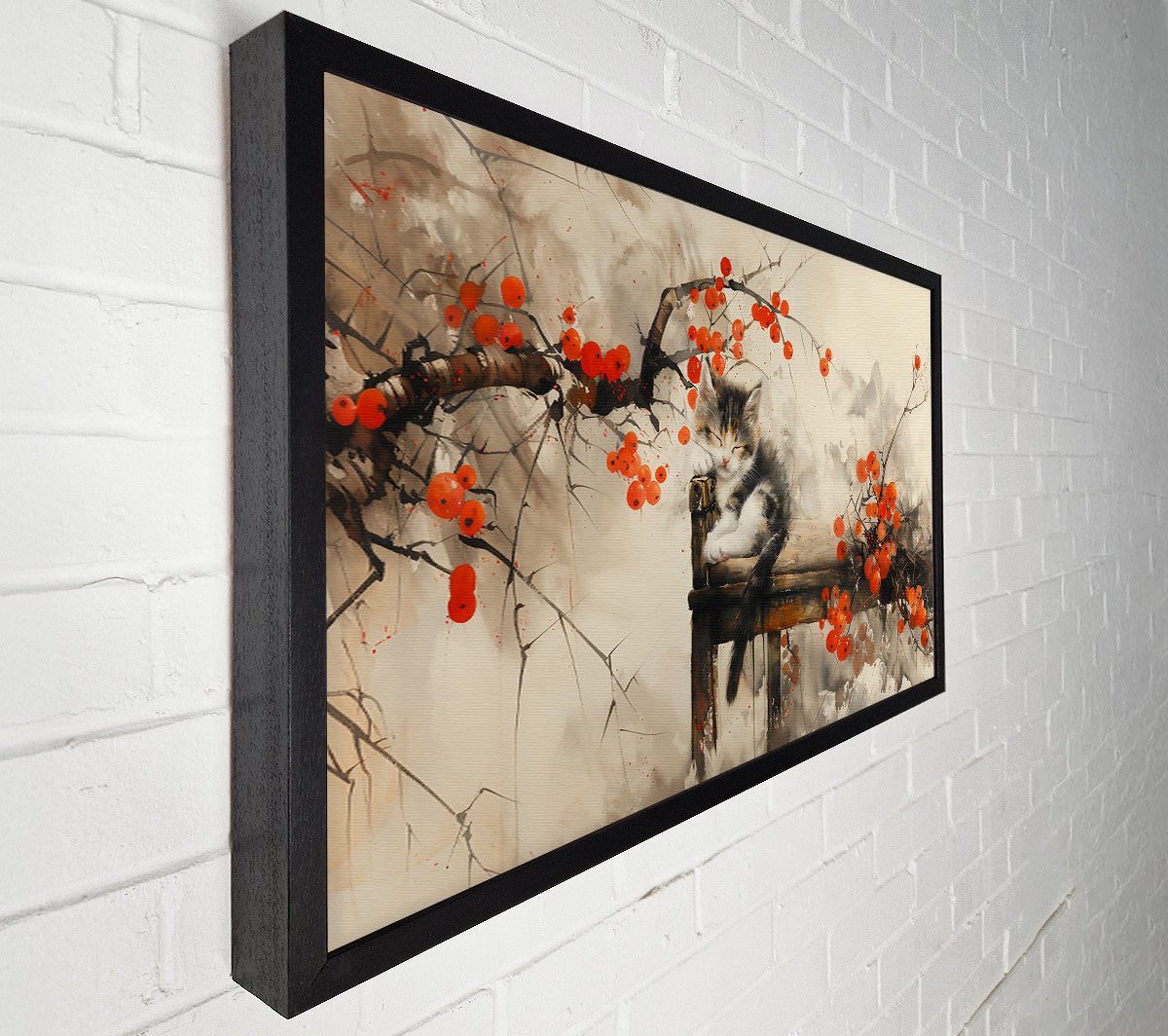 Sleeping Kitten And Red Berries Canvas Wall Art