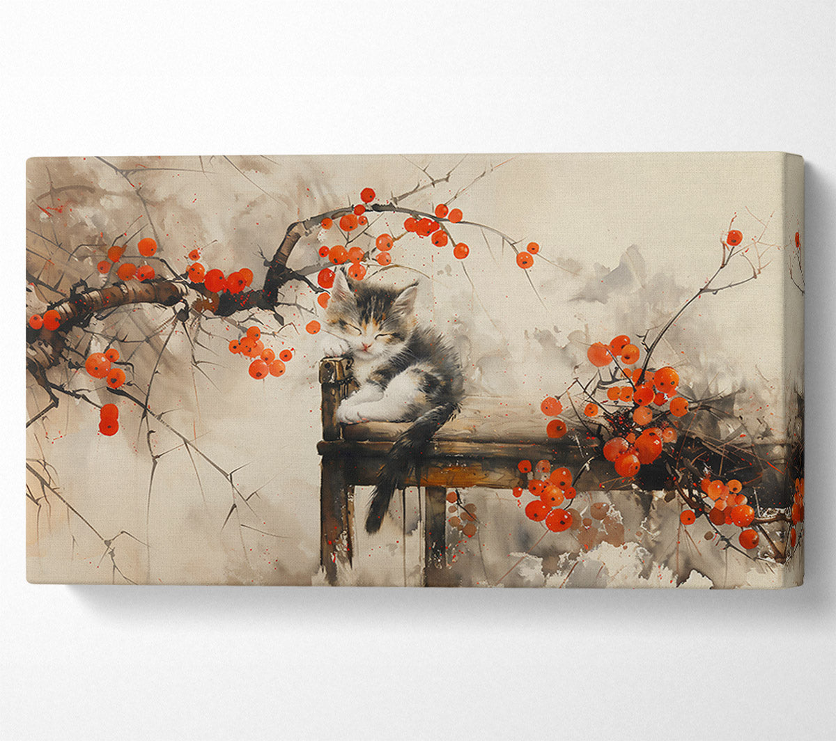 Sleeping Kitten And Red Berries Canvas Wall Art