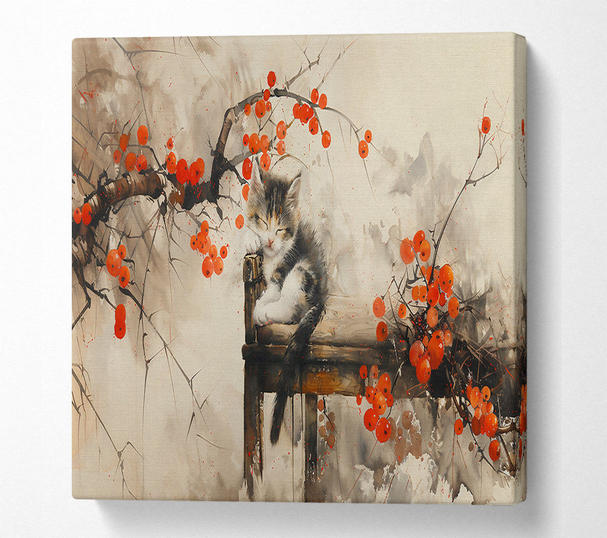 Sleeping Kitten And Red Berries Canvas Wall Art