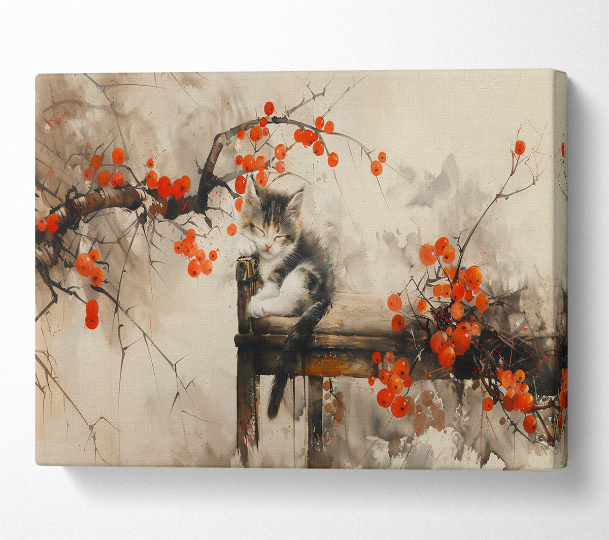 Sleeping Kitten And Red Berries Canvas Wall Art
