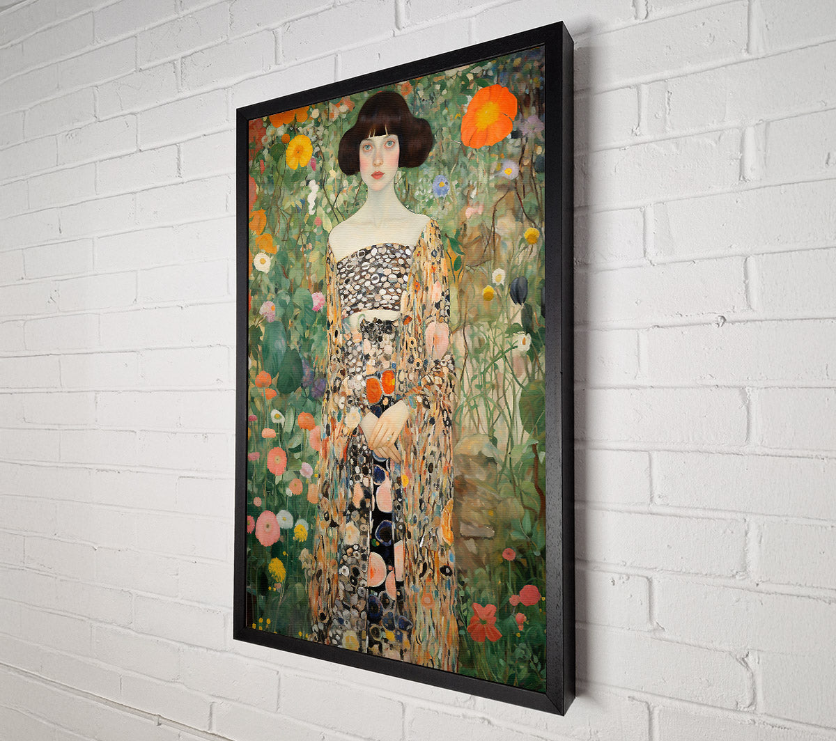 Girl In Blooming Garden Klimt Style Canvas Wall Art