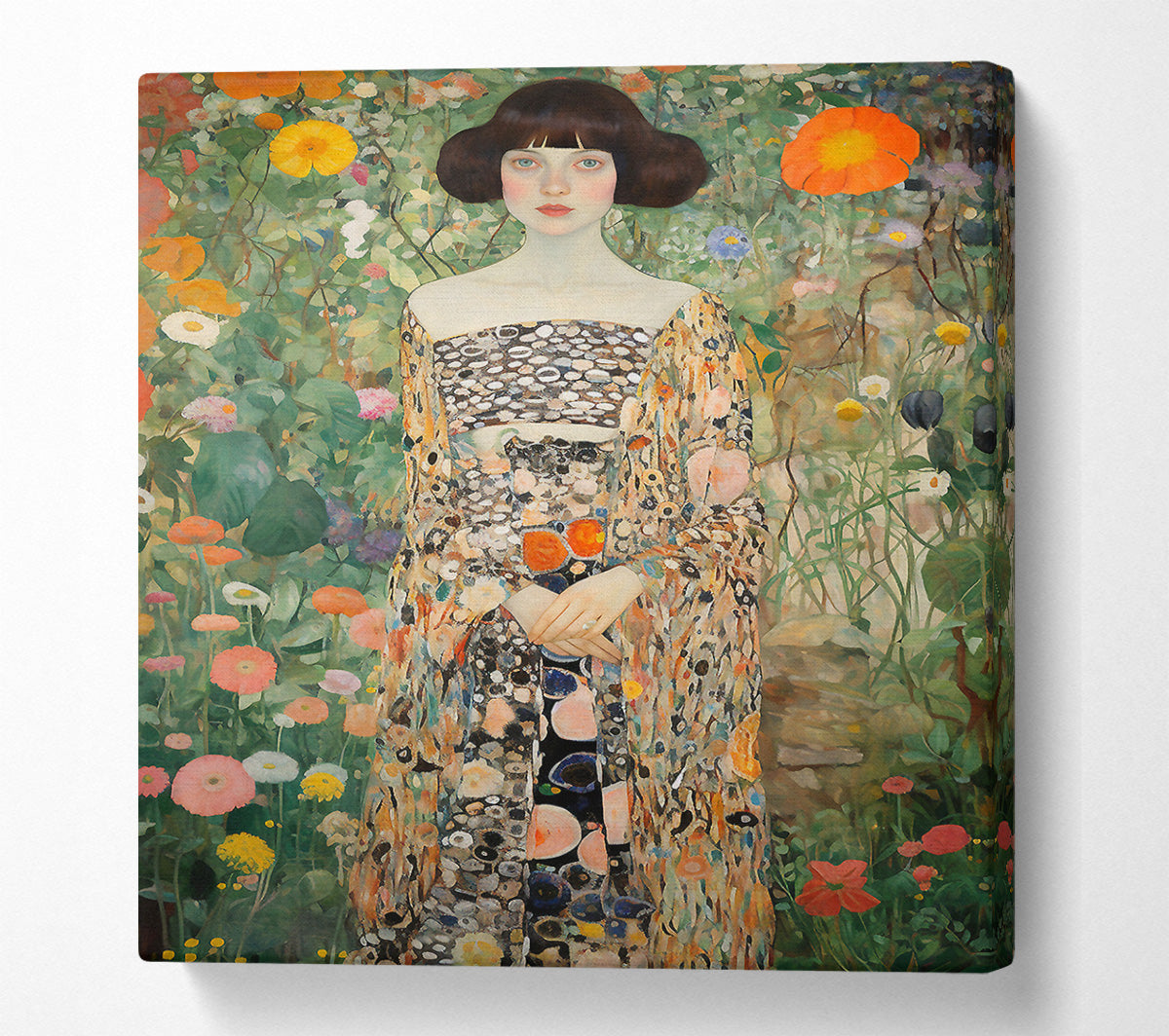 Girl In Blooming Garden Klimt Style Canvas Wall Art