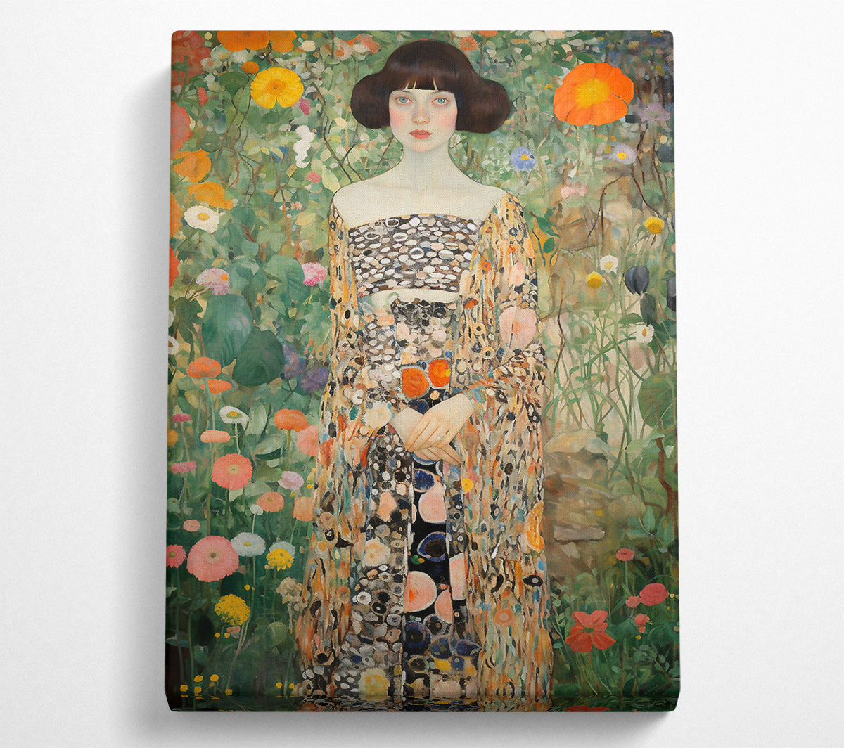 Girl In Blooming Garden Klimt Style Canvas Wall Art