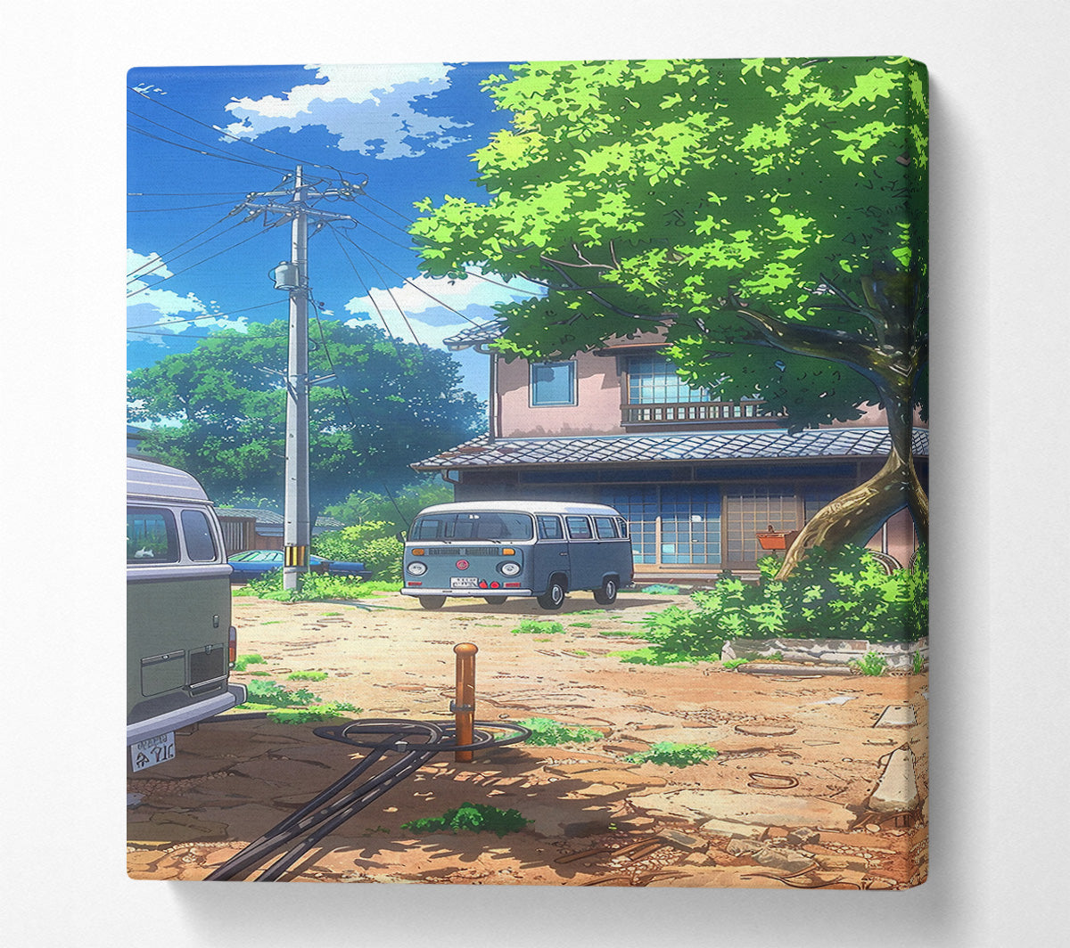 Blue Van On A Dusty Lane Canvas Wall Art