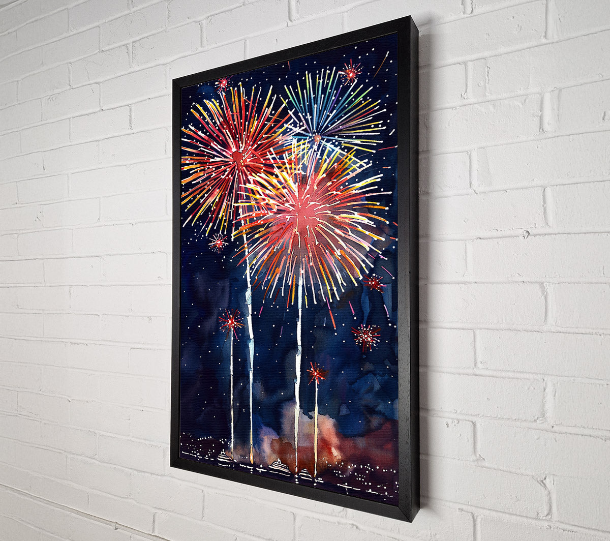 Red Fireworks Night Sky Canvas Wall Art