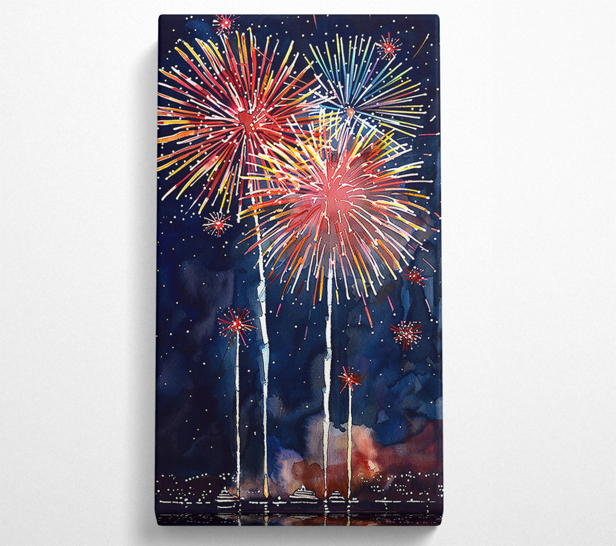 Red Fireworks Night Sky Canvas Wall Art