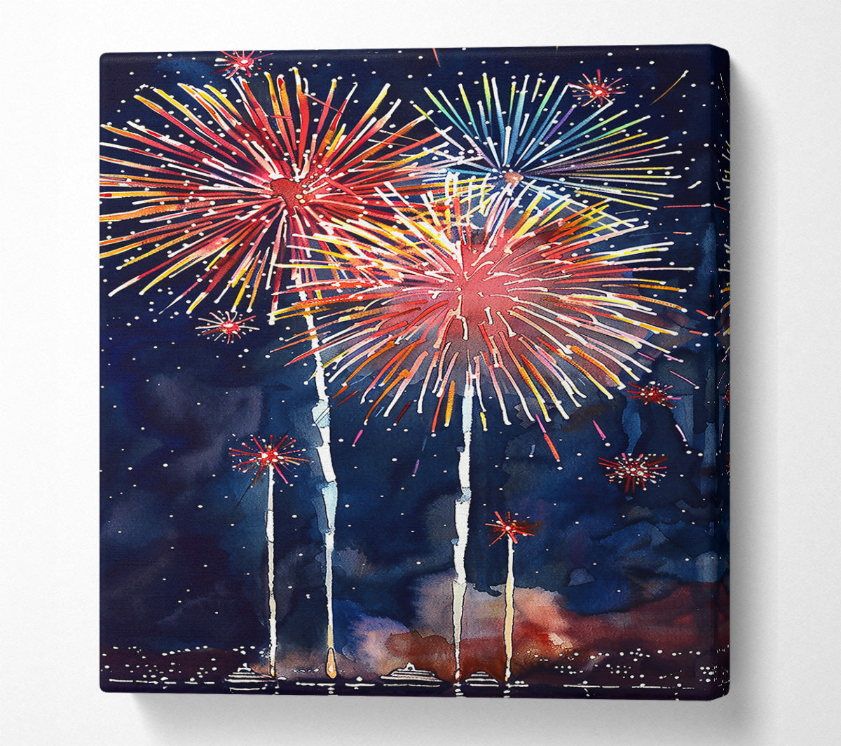 Red Fireworks Night Sky Canvas Wall Art