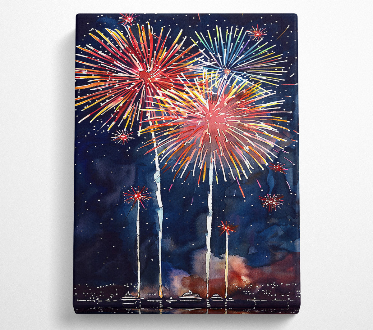Red Fireworks Night Sky Canvas Wall Art