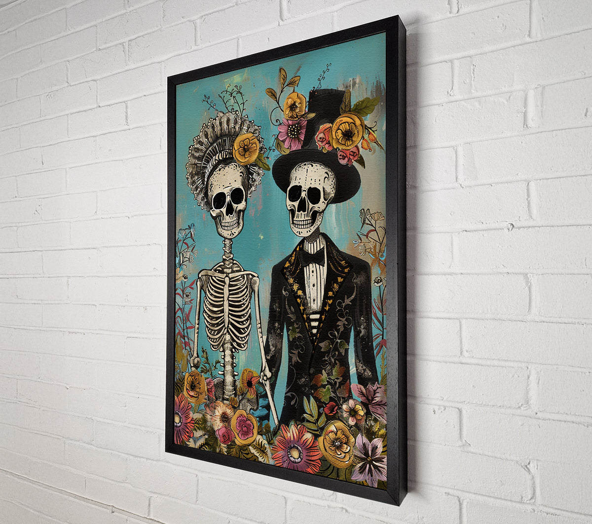 Teal Floral Skeletons Canvas Wall Art