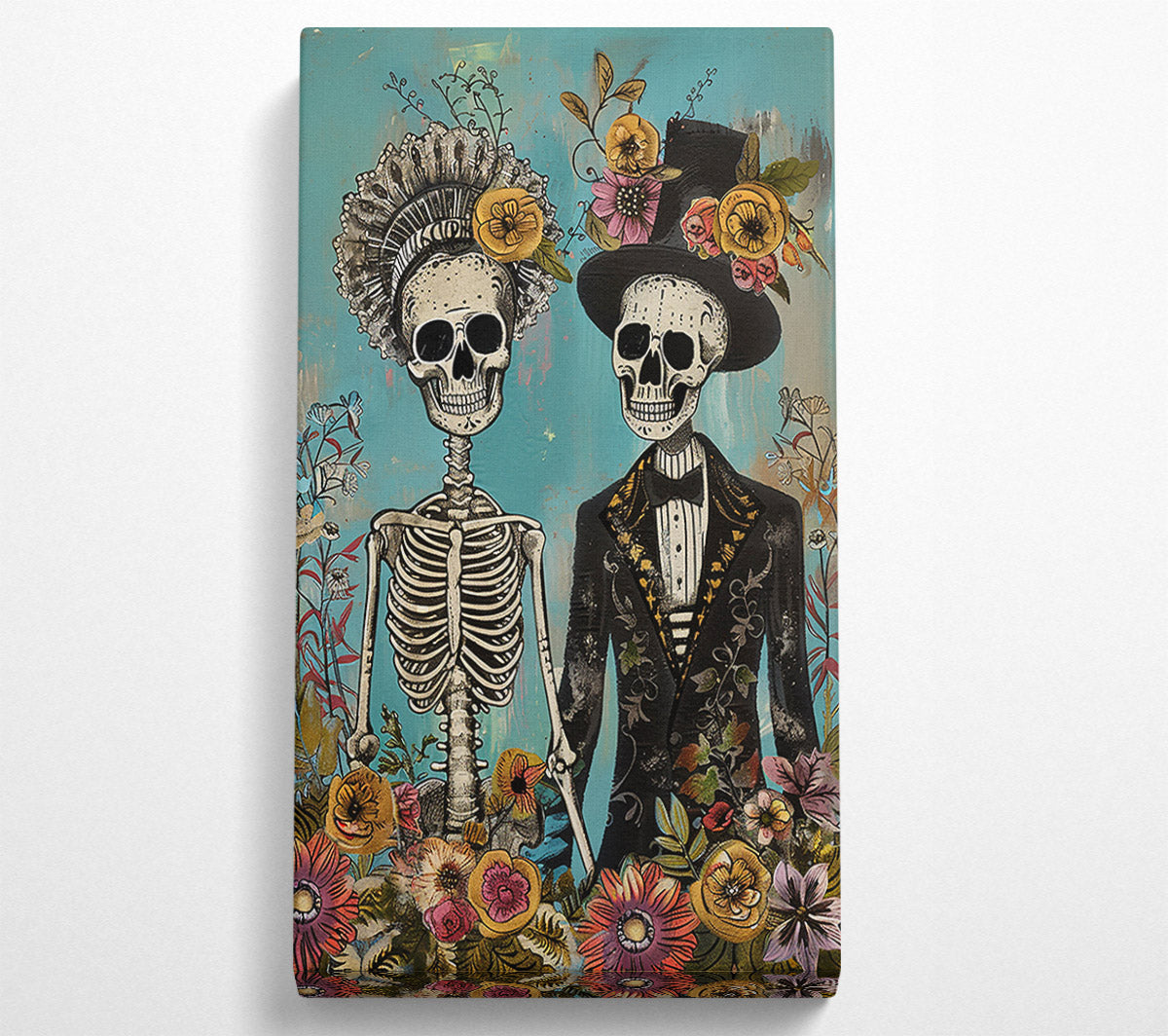 Teal Floral Skeletons Canvas Wall Art