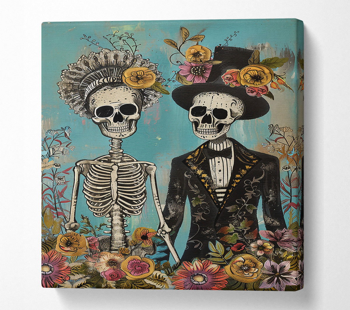 Teal Floral Skeletons Canvas Wall Art