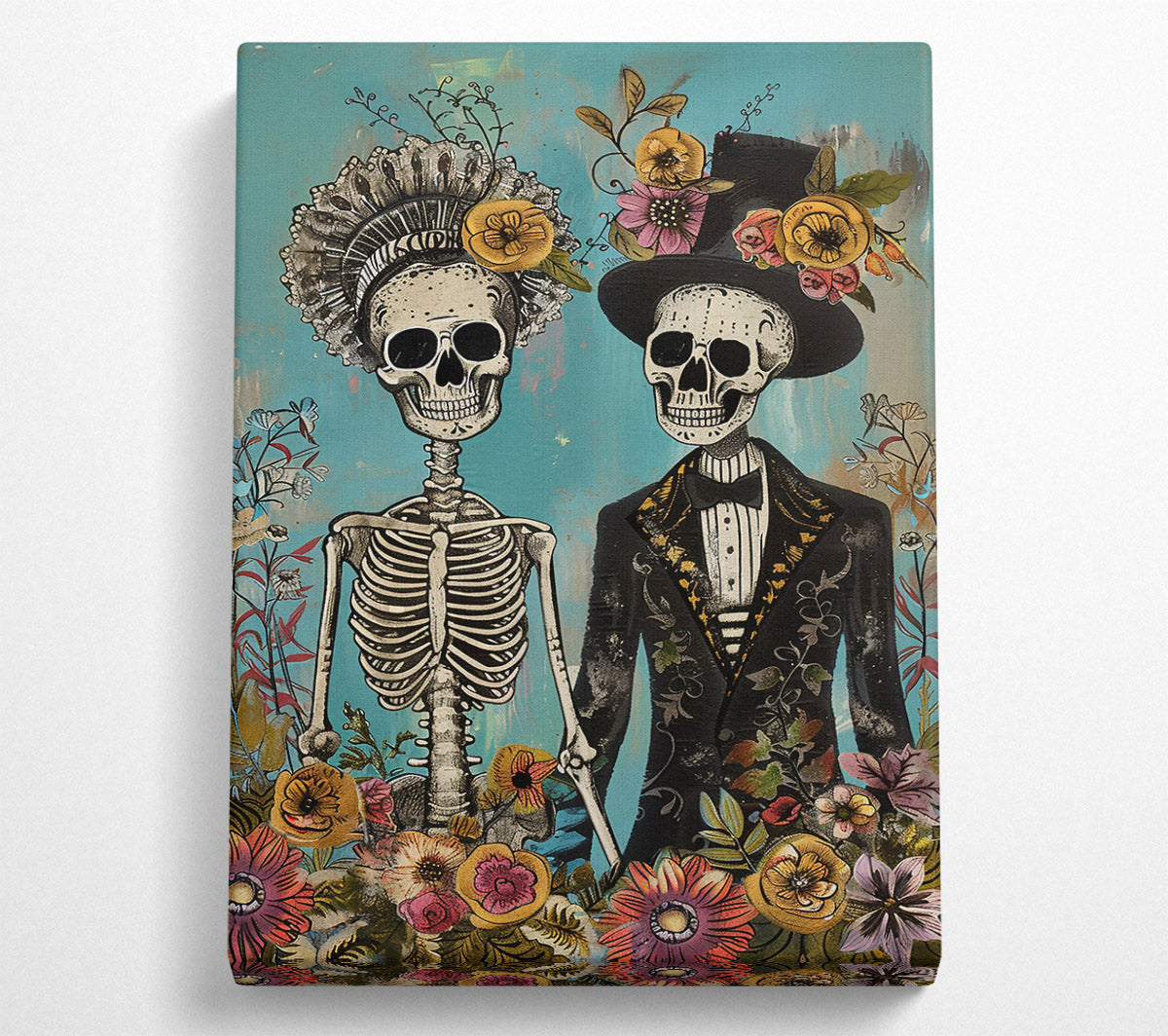 Teal Floral Skeletons Canvas Wall Art