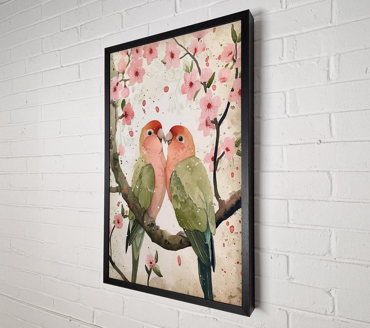 Pink Lovebirds In Bloom Canvas Wall Art
