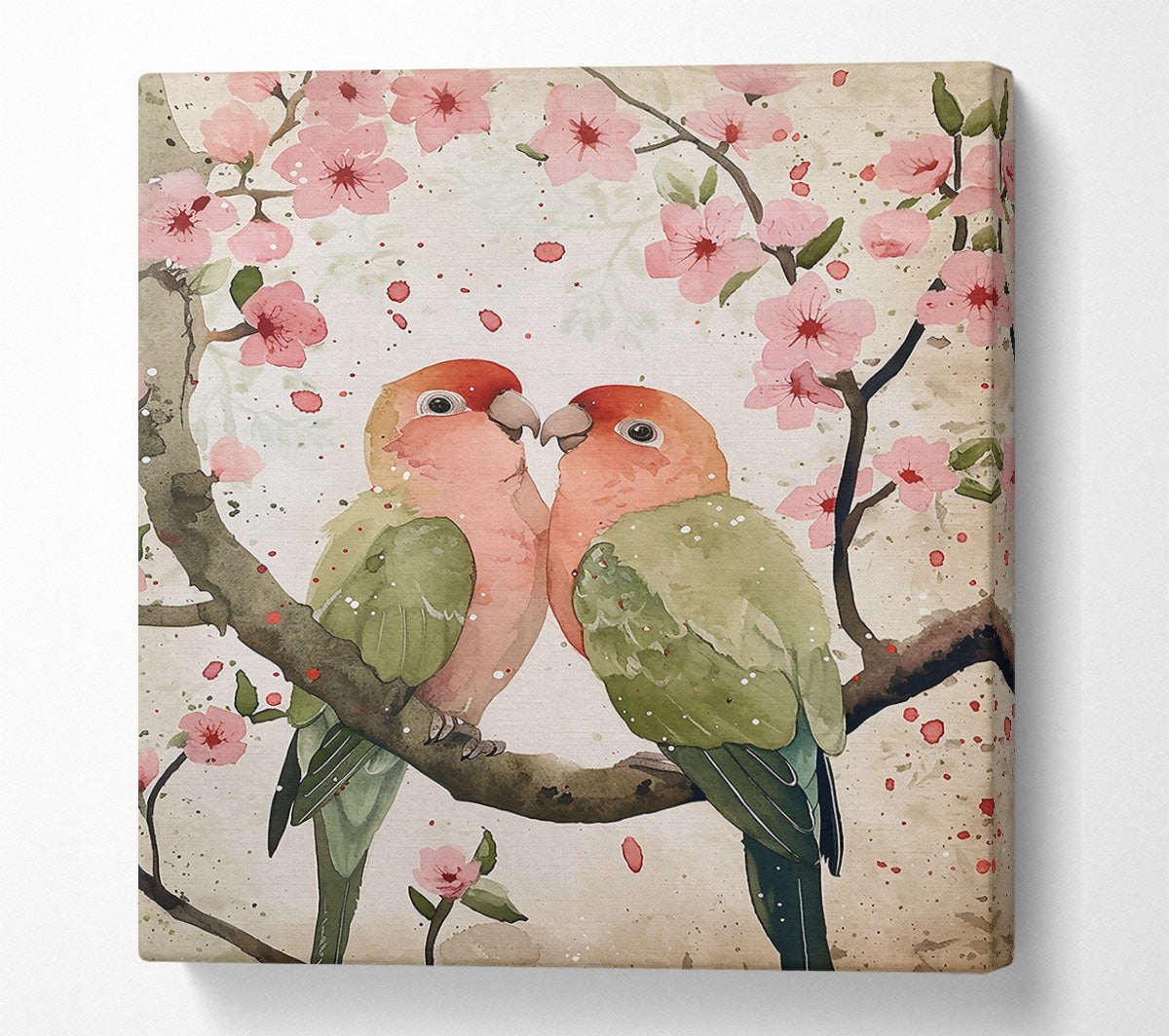 Pink Lovebirds In Bloom Canvas Wall Art