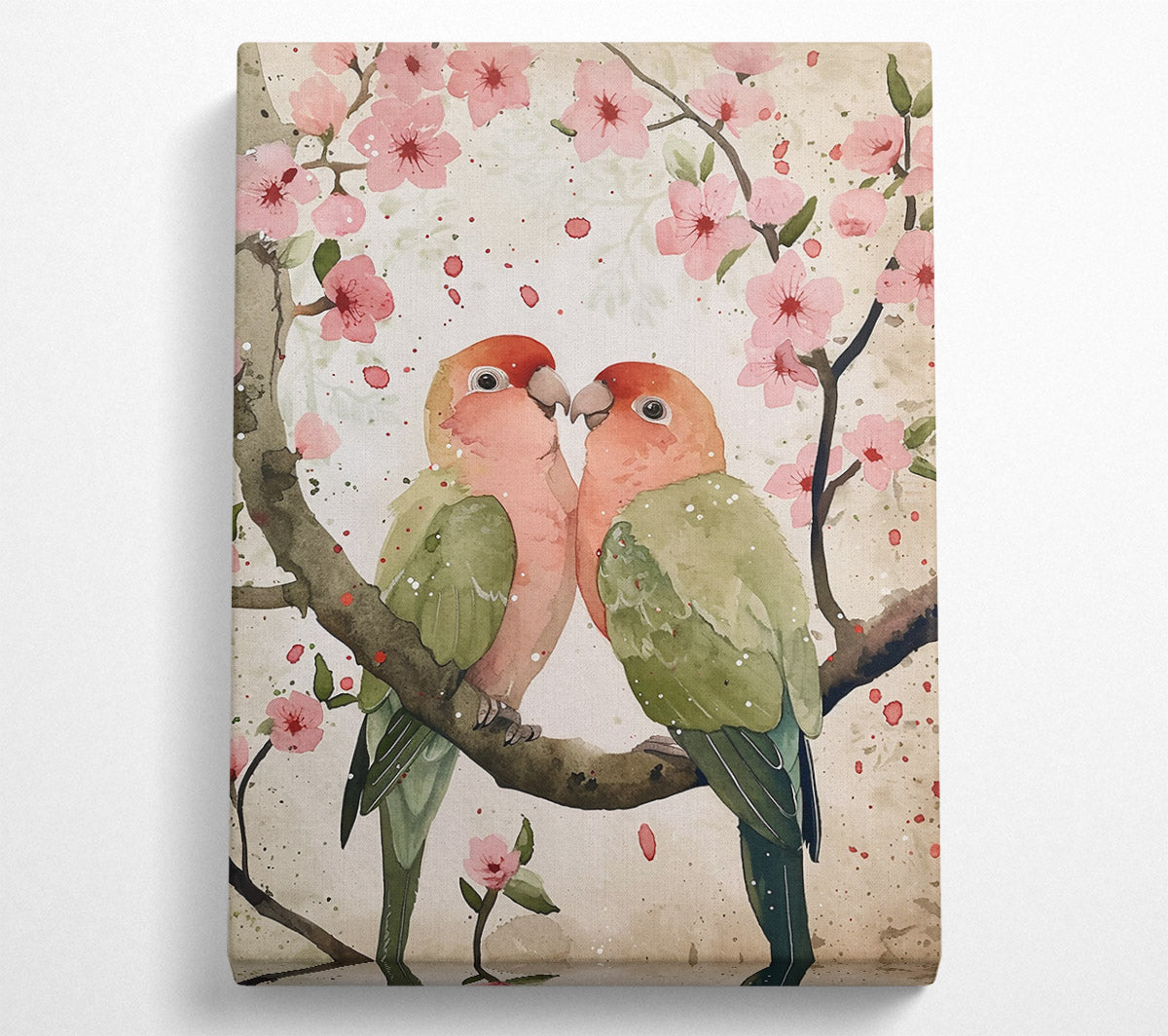 Pink Lovebirds In Bloom Canvas Wall Art