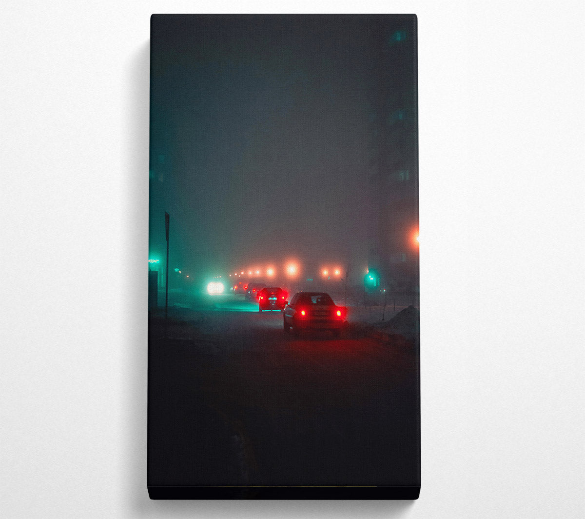 Teal Foggy Night Drive Canvas Wall Art