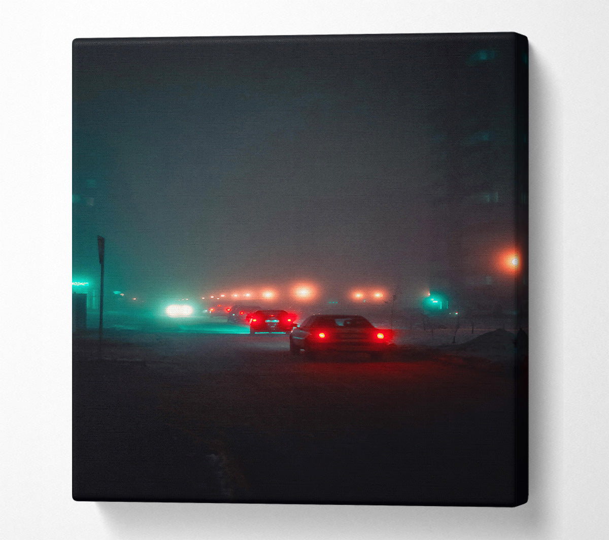 Teal Foggy Night Drive Canvas Wall Art