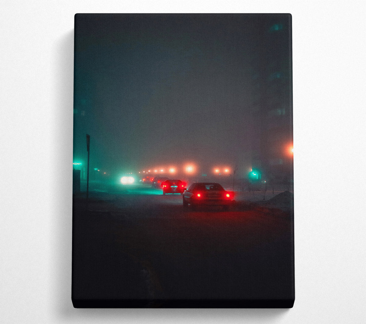 Teal Foggy Night Drive Canvas Wall Art