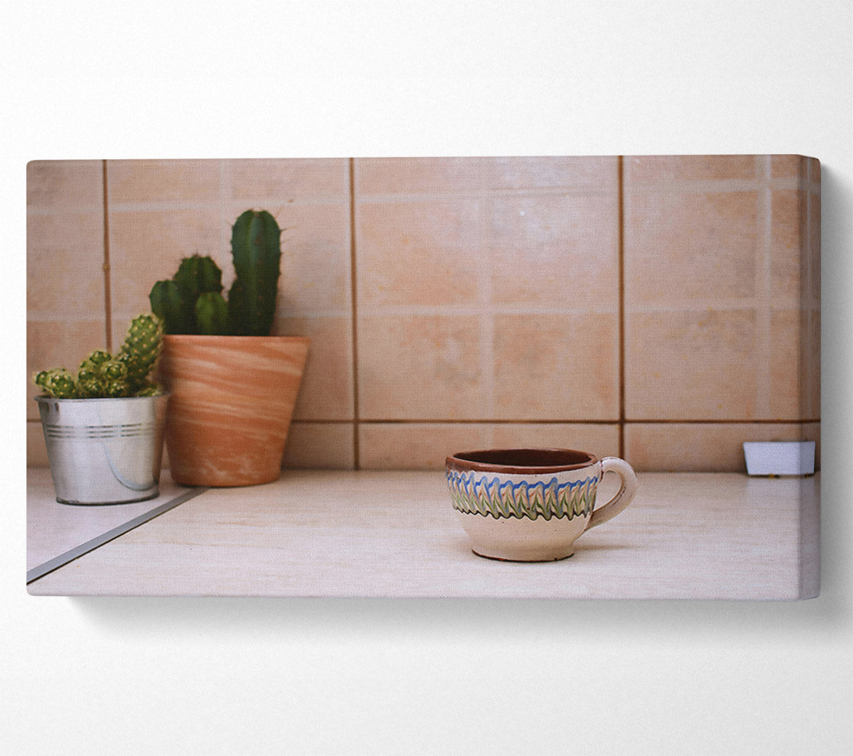 White Cup With Blue Trim Canvas Wall Art