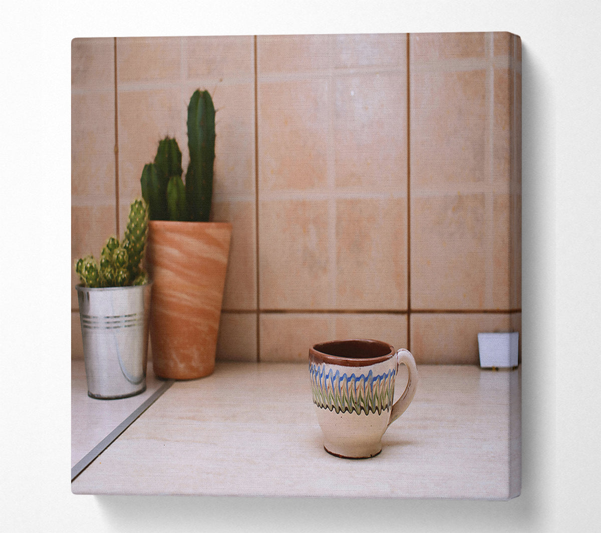 White Cup With Blue Trim Canvas Wall Art