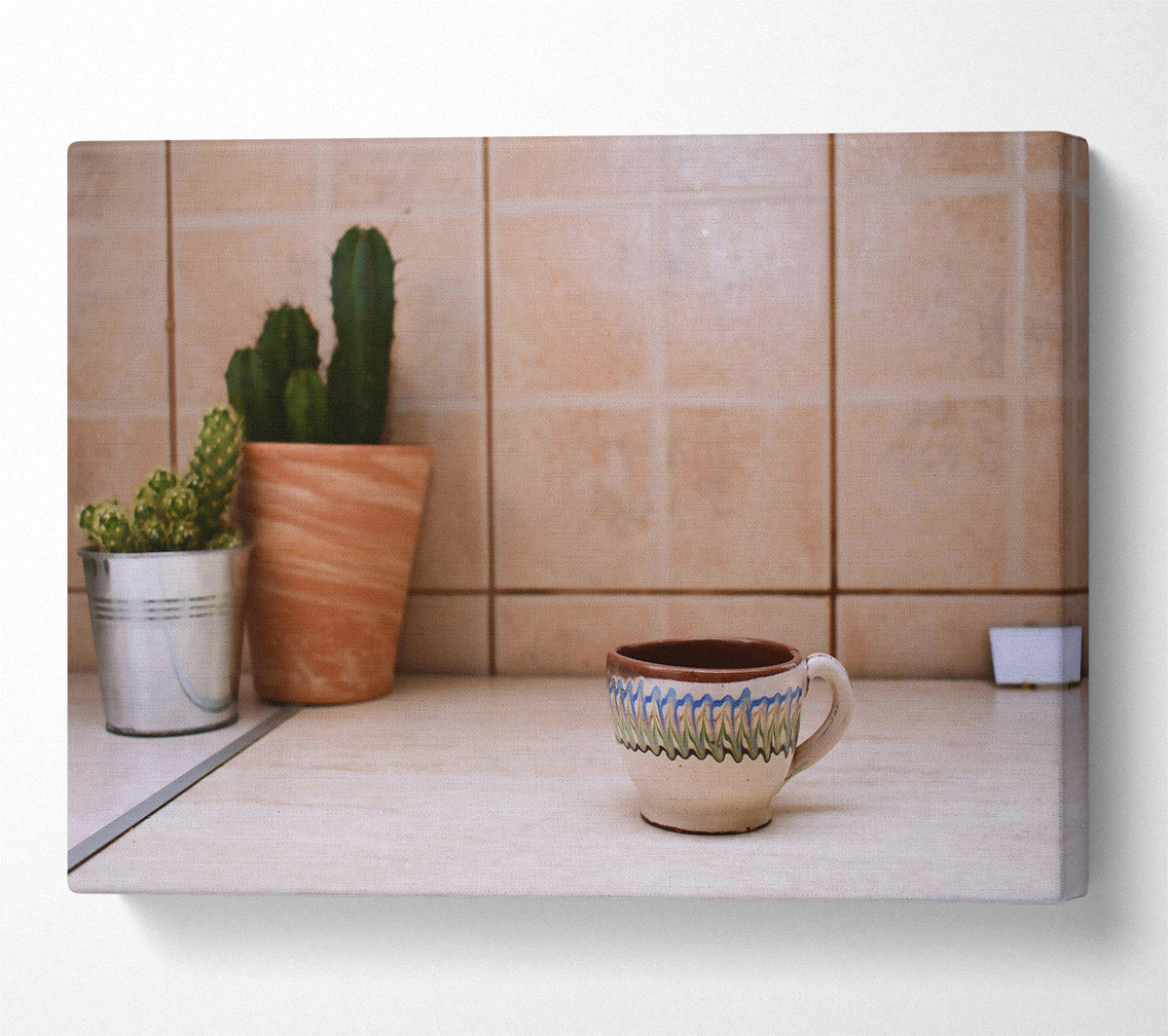 White Cup With Blue Trim Canvas Wall Art