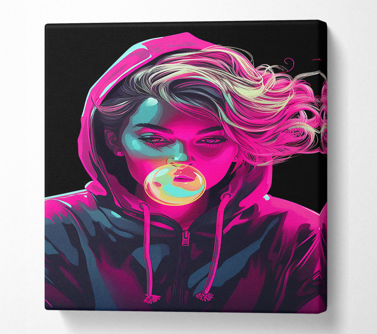 Pink Bubblegum Rebel Hoodie Girl Canvas Wall Art