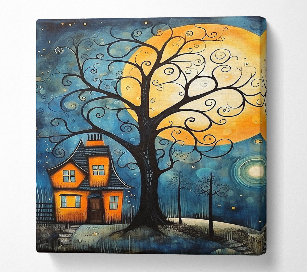 Swirly Tree House Moon Canvas Wall Art