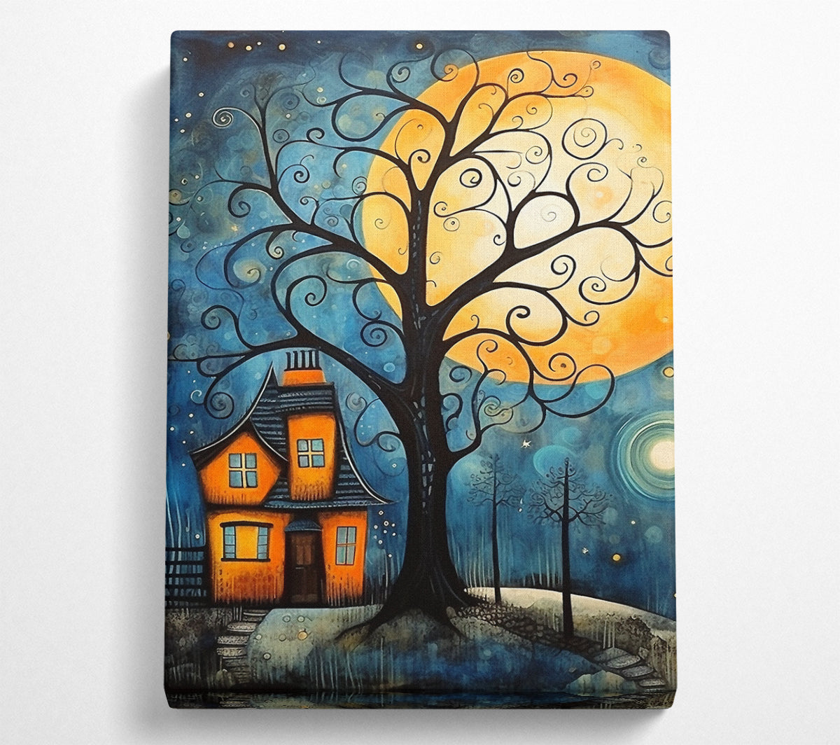 Swirly Tree House Moon Canvas Wall Art